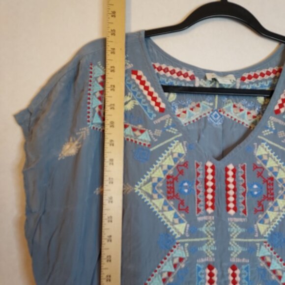 Sundance Mini Shift Dress Women L Aztec Embroidered Chiffon Blue Cap Sleeve Boho - Picture 13 of 15